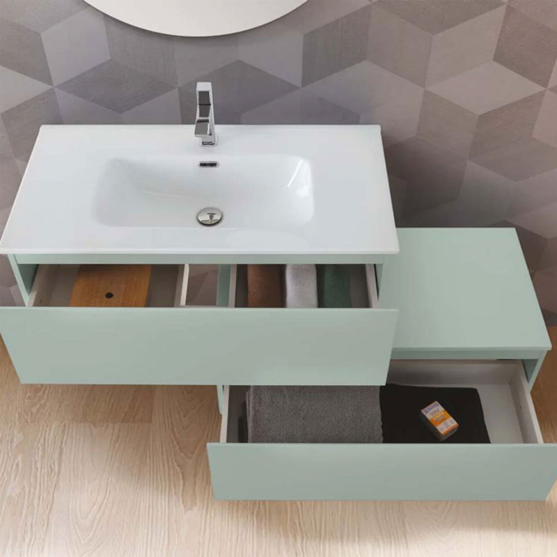 Mobile da bagno sospeso sfalsato da 90 cm con 2 cassetti e specchio tondo da cm 80 colore Verde Opaco