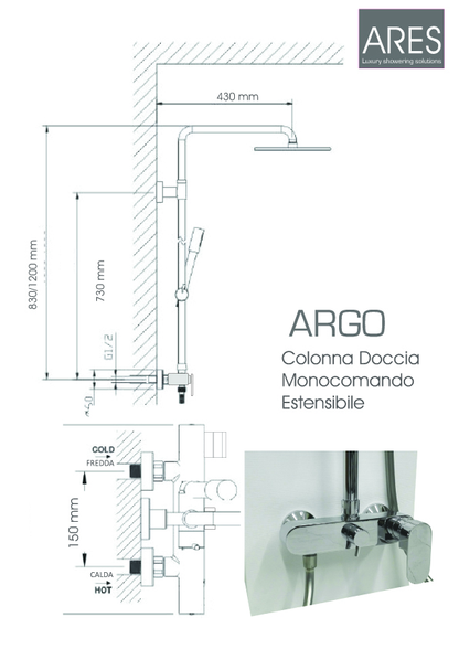 Colonna Doccia Tonda ARES Argo con soffione tondo 25 cm miscelatore con deviatore incorporato by CeramicStore | Lo specialista del tuo bagno