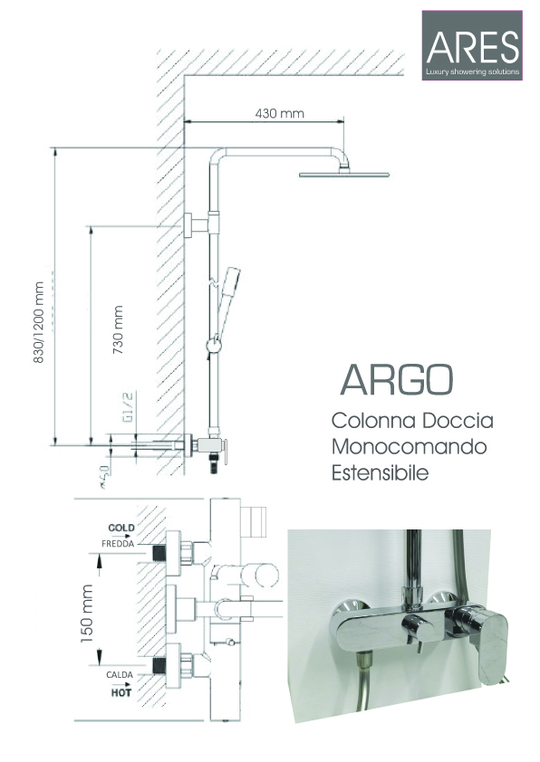 Colonna Doccia Tonda ARES Argo con soffione tondo 25 cm miscelatore con deviatore incorporato by CeramicStore | Lo specialista del tuo bagno