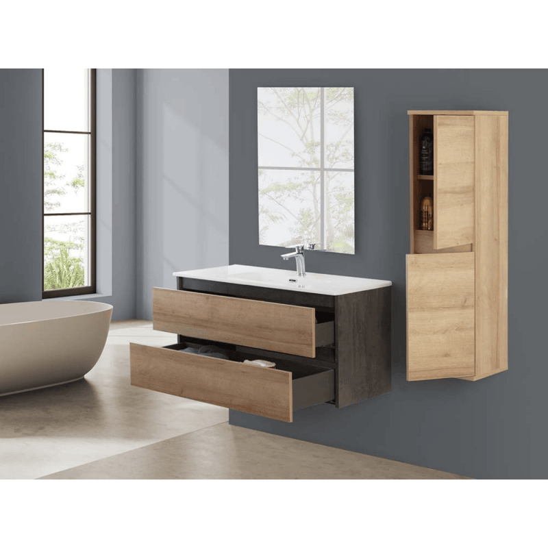 Mobile Bagno Sospeso 80 Cm Due Cassetti Specchio a Filo 80x60 Cm Finitura Rovere Riviera/Ossido Grigio