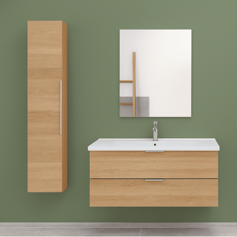 Mobile Bagno Sospeso 100 Cm Due Cassetti Specchio a Filo 60x100 Cm colore Rovere Medio