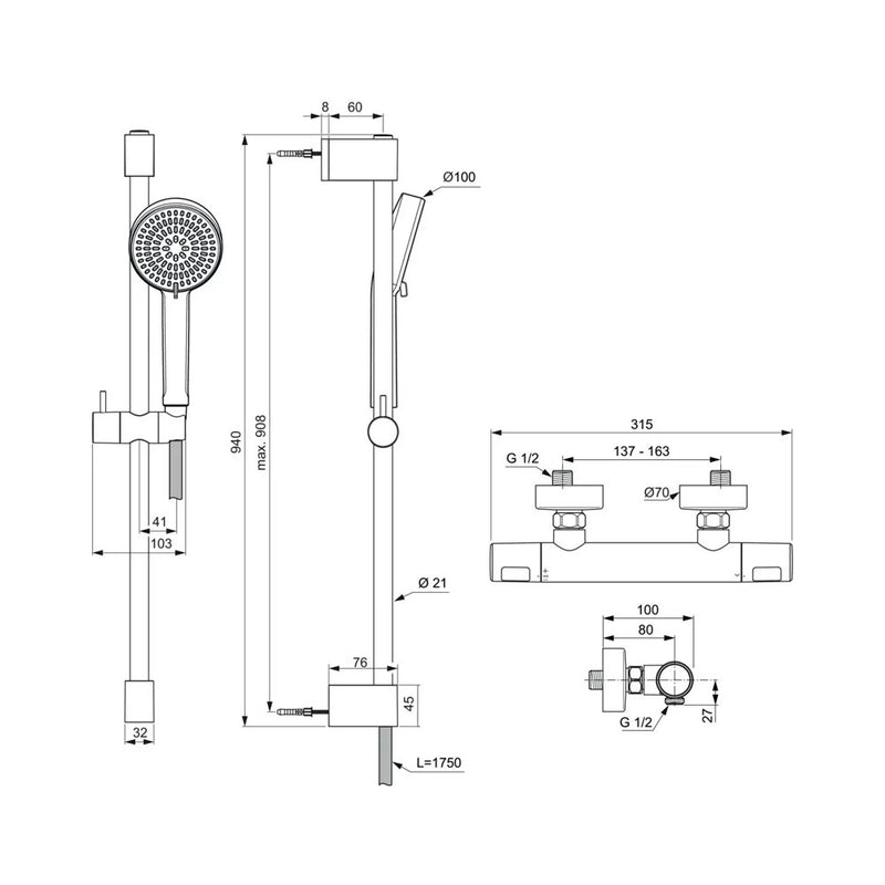 Kit doccia Ideal Standard Termostatico esterno con Asta doccia  Ceratherm T25 New