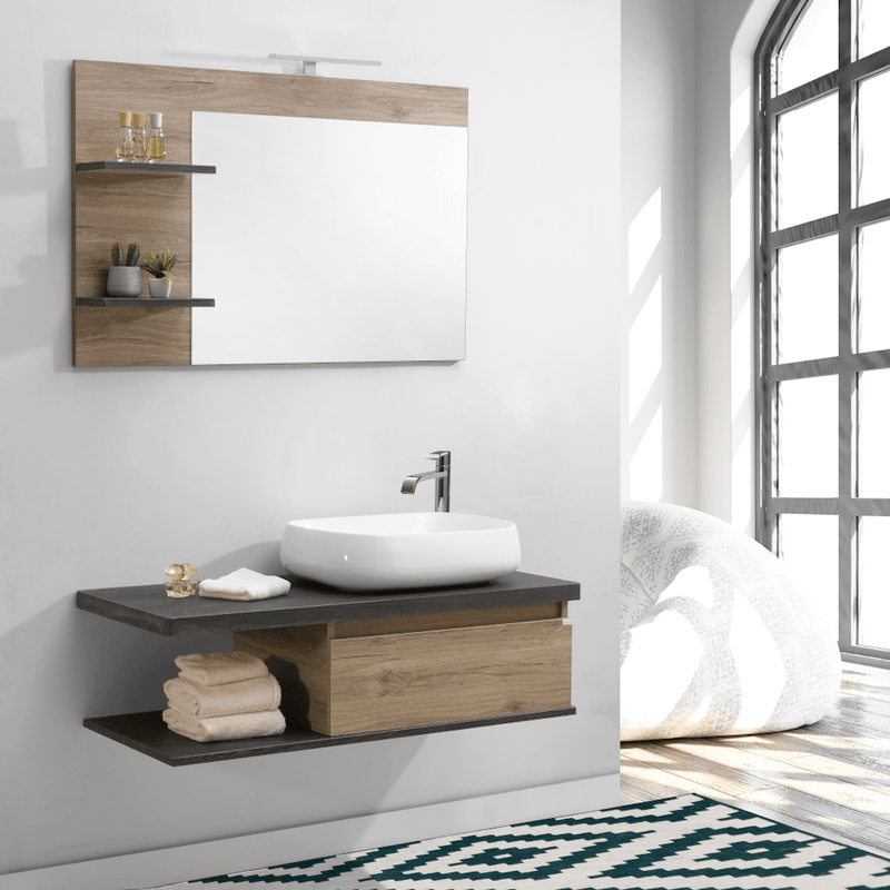 Mobile da bagno sospeso 120 cm Isola con lavabo d'appoggio e specchio con lampade a LED Made in Italy - Cubi&Co