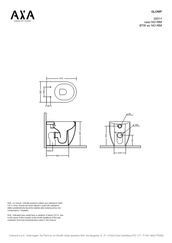Set di sanitari filo muro senza brida in ceramica bianca lucida Axa collezione Glomp