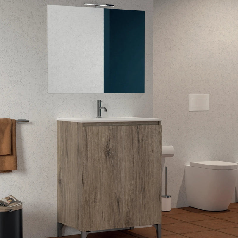 Mobile bagno a terra Alex 90 cm Cubi&Co con lavabo, specchio e LED - Olmo Sabbia