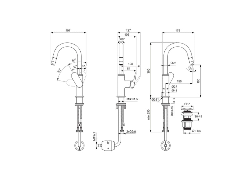 Miscelatore lavabo a bocca alta con doccetta estraibile nero seta Ideal Standard Ceraline O art BE018XG