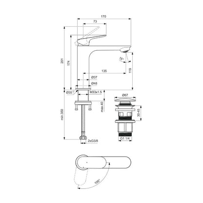 Miscelatore lavabo Nero Opaco con Scarico Click-Clack Ideal Standard Ceralife O con BlueStart BE009CR