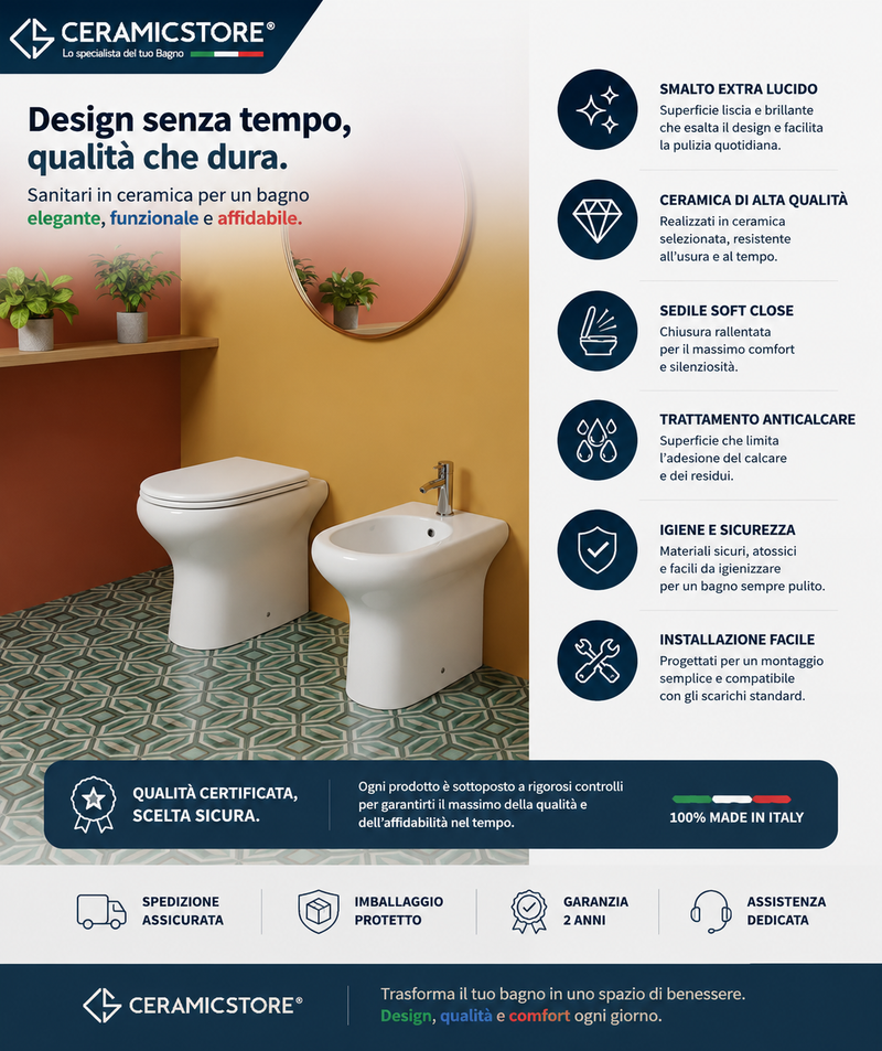 Sanitari filo muro moderni Rak Compact wc + bidet + sedile normal close in ceramica bianco lucido