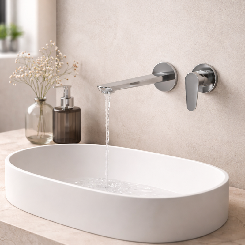 Mezclador monomando para lavabo de pared RubiFlux serie Ampra - Cromo