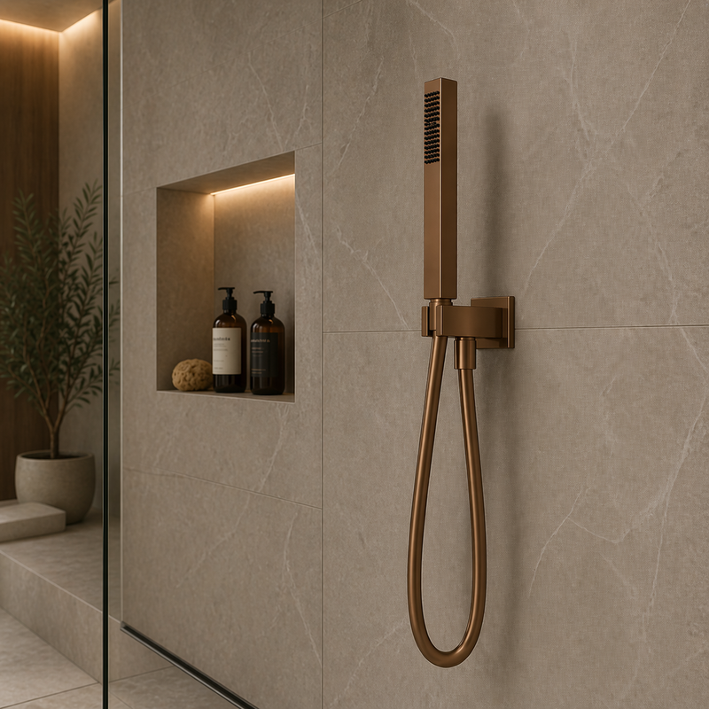 Set doccia incasso quadro in acciaio inox 316L con doccetta e flessibile - Bronzo