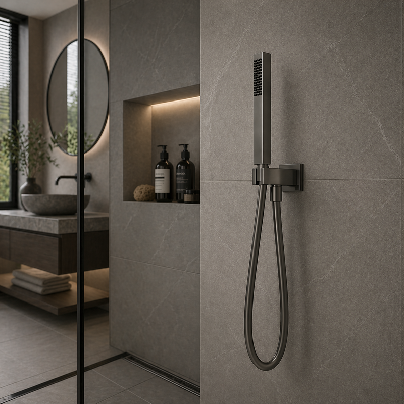 Set doccia incasso quadro in acciaio inox 316L con doccetta e flessibile - Gun metal