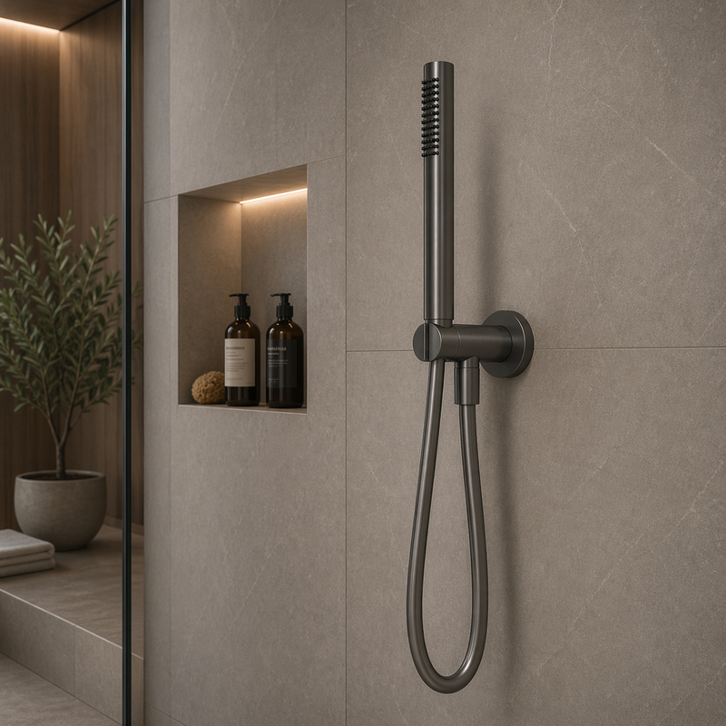 Set doccia incasso tondo in acciaio inox 316L con doccetta e flessibile - Gun Metal