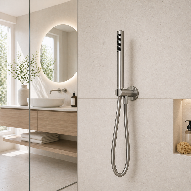 Set doccia incasso tondo in acciaio inox 316L con doccetta e flessibile - Acciaio spazzolato