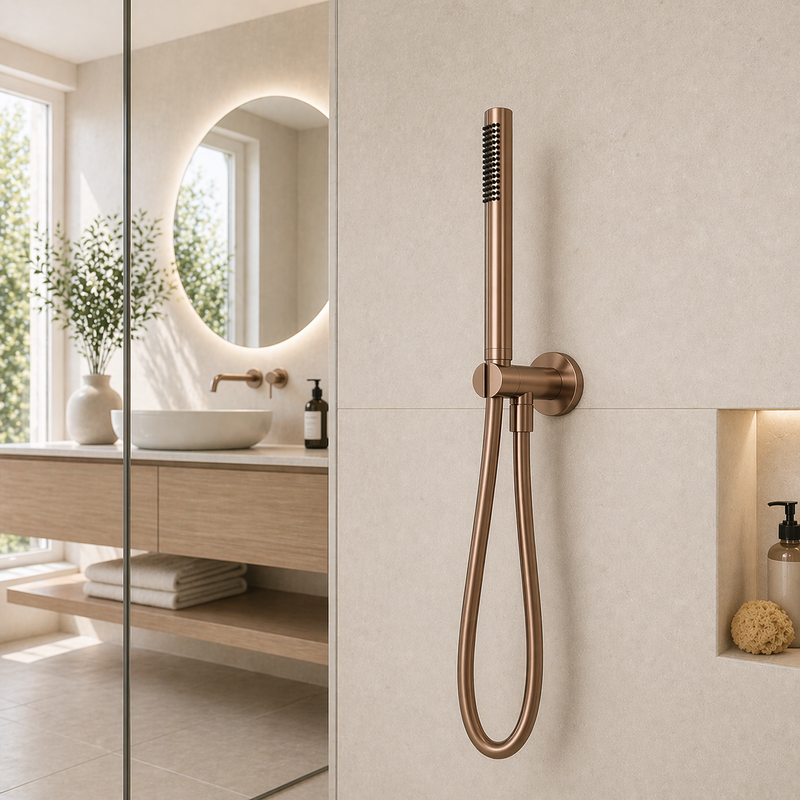 Set doccia incasso tondo in acciaio inox 316L con doccetta e flessibile - Bronzo