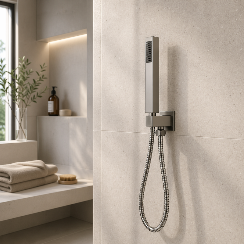 Set doccia incasso Kube quadro ABS cromo lucido con doccetta e flessibile 150 cm