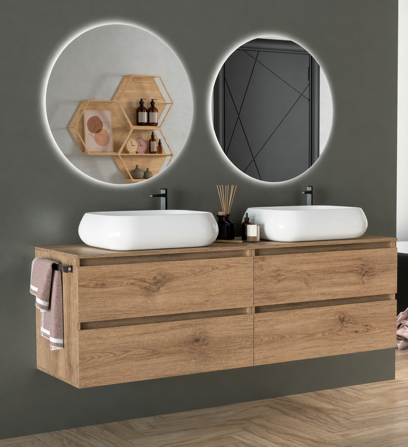 Mobile da bagno sospeso  160 cm Cubi&Co Etna con doppio lavabo e specchi LED retroilluminati Made in Italy - Rovere Nodato
