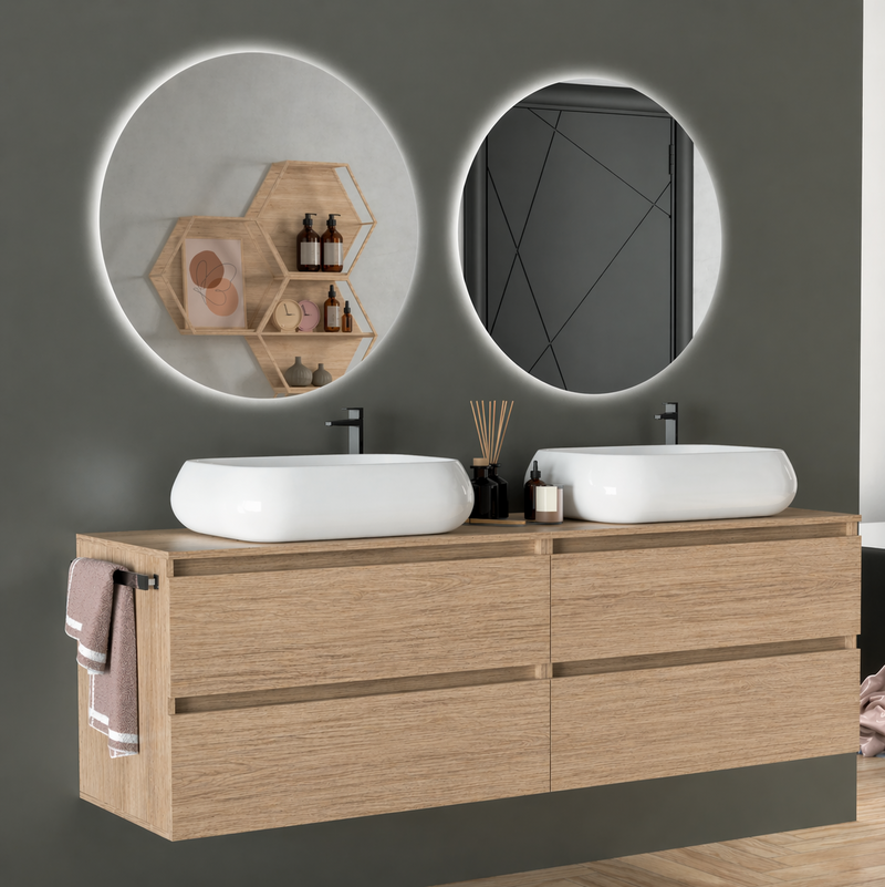 Mobile da bagno sospeso  160 cm Cubi&Co Etna con doppio lavabo e specchi LED retroilluminati Made in Italy - Rovere Americano