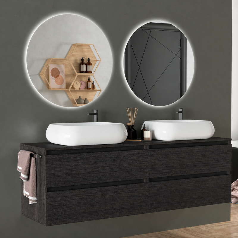 Mobile da bagno sospeso  160 cm Cubi&Co Etna con doppio lavabo e specchi LED retroilluminati Made in Italy - Rovere Moro