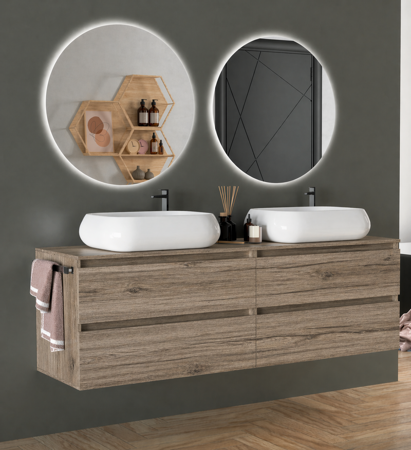 Mobile da bagno sospeso  160 cm Cubi&Co Etna con doppio lavabo e specchi LED retroilluminati Made in Italy - Olmo Sabbia