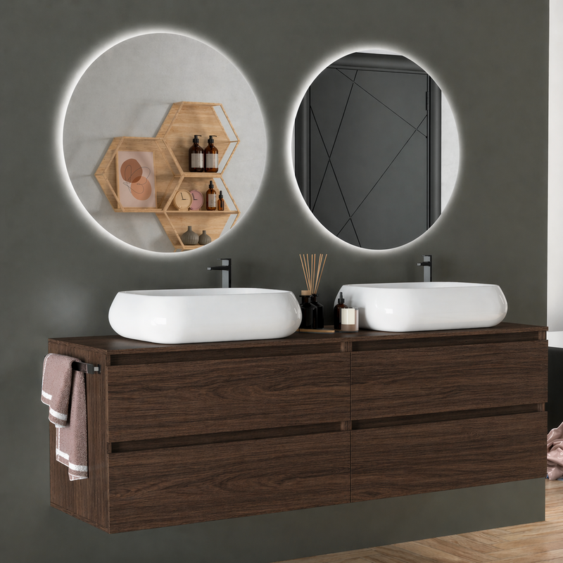 Mobile da bagno sospeso  160 cm Cubi&Co Etna con doppio lavabo e specchi LED retroilluminati Made in Italy - Noce