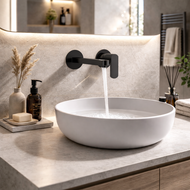 Miscelatore monocomando lavabo murale RubiFlux serie Dema canna 20 cm - Nero Opaco