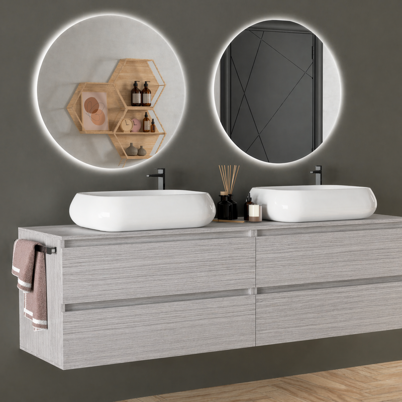 Mobile da bagno sospeso  160 cm Cubi&Co Etna con doppio lavabo e specchi LED retroilluminati Made in Italy - Portuna Bianco