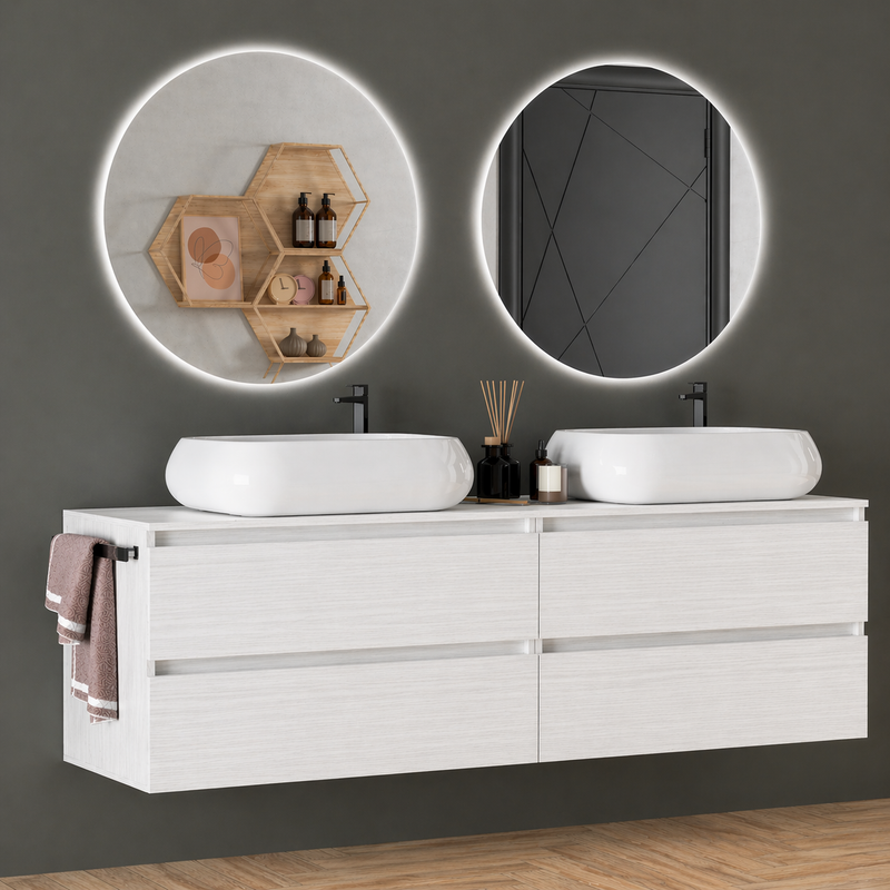 Mobile da bagno sospeso 160 cm Cubi&Co Etna con doppio lavabo e specchi LED retroilluminati Made in Italy - Bianco Frassino