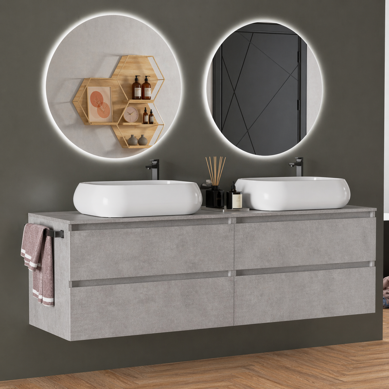 Mobile da bagno sospeso 160 cm Cubi&Co Etna con doppio lavabo e specchi LED retroilluminati Made in Italy - Cemento Chiaro