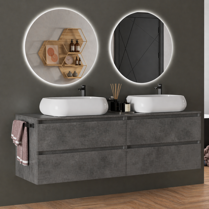 Mobile da bagno sospeso 160 cm Cubi&Co Etna con doppio lavabo e specchi LED retroilluminati Made in Italy - Cemento Scuro