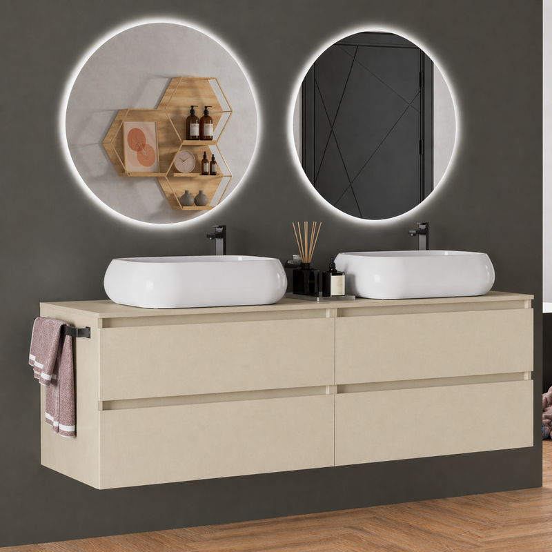 Mobile da bagno sospeso 160 cm Cubi&Co Etna con doppio lavabo e specchi LED retroilluminati Made in Italy - Pianta di Vaniglia