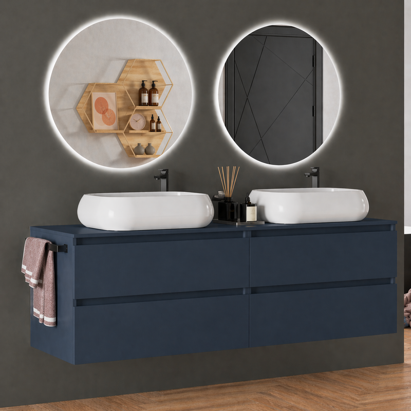 Mobile da bagno sospeso 160 cm Cubi&Co Etna con doppio lavabo e specchi LED retroilluminati Made in Italy - Blu Capri