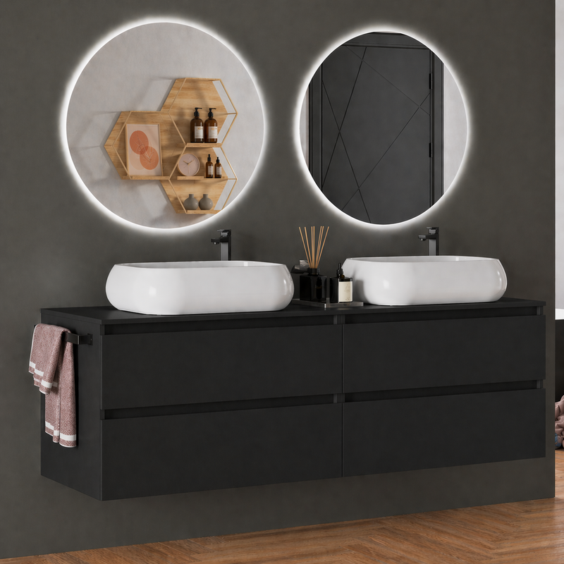 Mobile da bagno sospeso 160 cm Cubi&Co Etna con doppio lavabo e specchi LED retroilluminati Made in Italy - Nero sabbiato