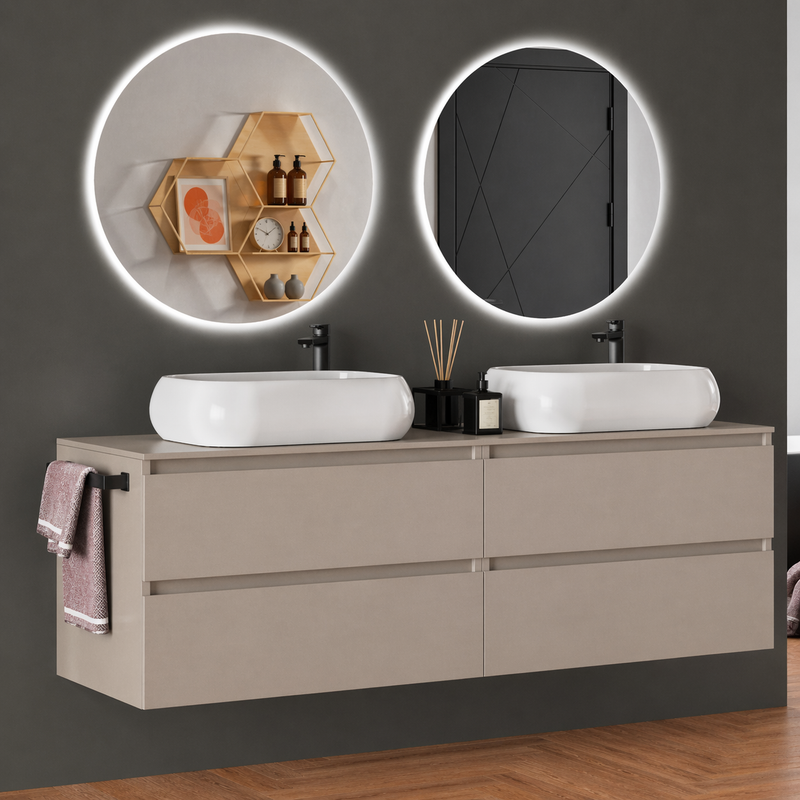Mobile da bagno sospeso 160 cm Cubi&Co Etna con doppio lavabo e specchi LED retroilluminati Made in Italy - Cashmere