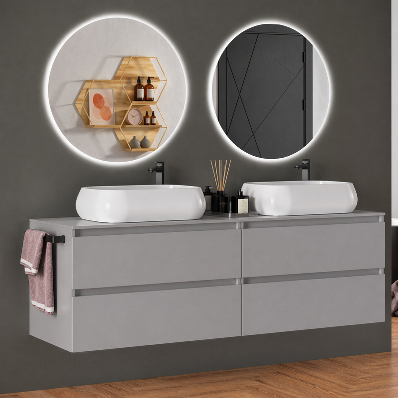 Mobile da bagno sospeso 160 cm Cubi&Co Etna con doppio lavabo e specchi LED retroilluminati Made in Italy - Grigio Londra