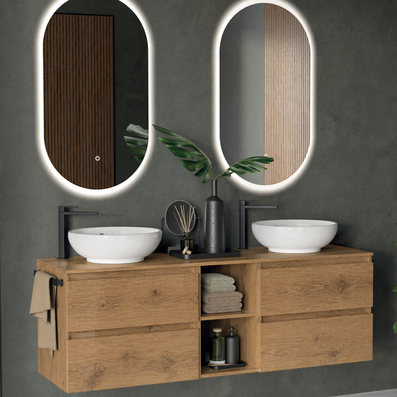 Mobile bagno sospeso Kela 150 cm con doppio lavabo a ciotola e specchi LED - Rovere Nodato