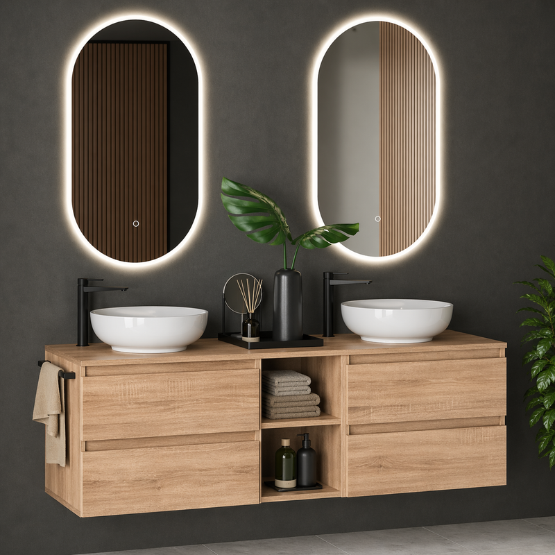 Mobile bagno sospeso Kela 150 cm con doppio lavabo a ciotola e specchi LED - Rovere Americano