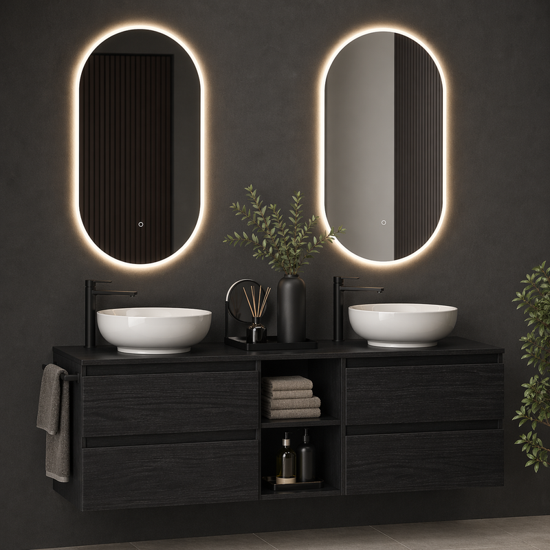 Mobile bagno sospeso Kela 150 cm con doppio lavabo a ciotola e specchi LED - Rovere Moro