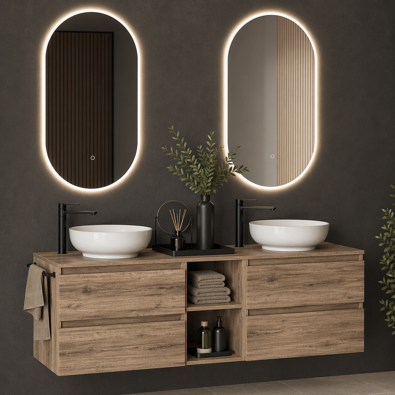 Mobile bagno sospeso Kela 150 cm con doppio lavabo a ciotola e specchi LED - Olmo Sabbia