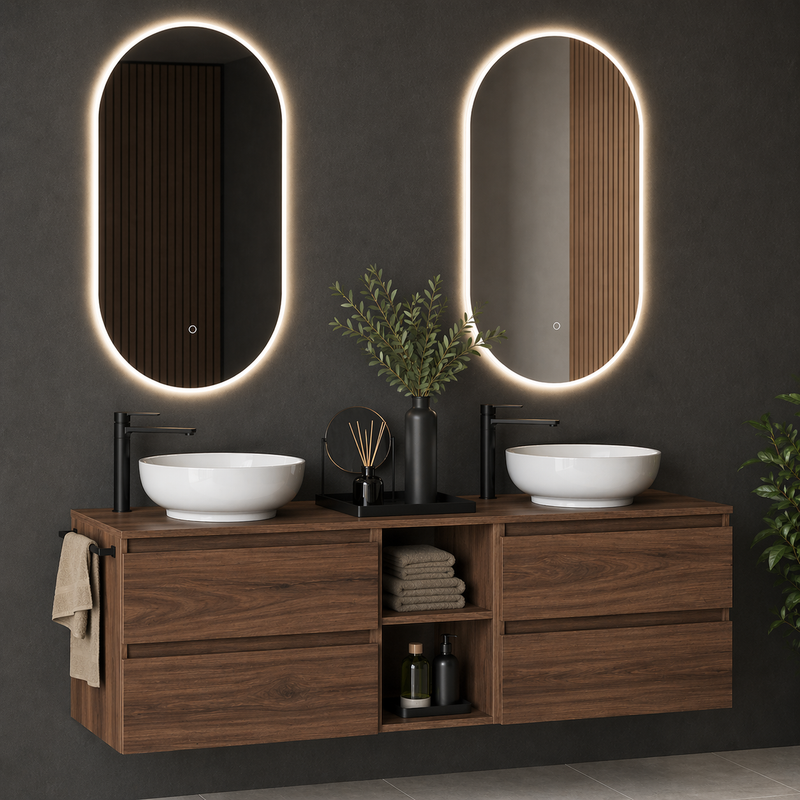 Mobile bagno sospeso Kela 150 cm con doppio lavabo a ciotola e specchi LED - Noce