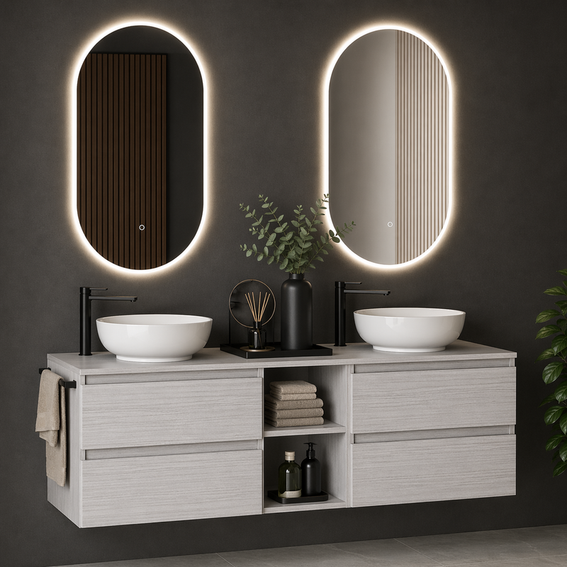 Mobile bagno sospeso Kela 150 cm con doppio lavabo a ciotola e specchi LED - Portuna Bianco