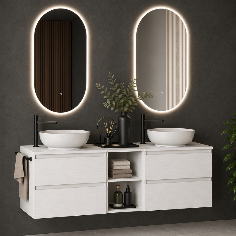 Mobile bagno sospeso Kela 150 cm con doppio lavabo a ciotola e specchi LED - Bianco Frassino