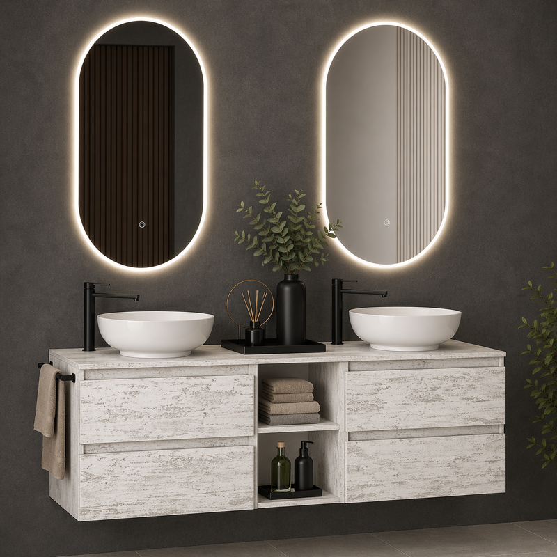 Mobile bagno sospeso Kela 150 cm con doppio lavabo a ciotola e specchi LED - Bianco Vintage
