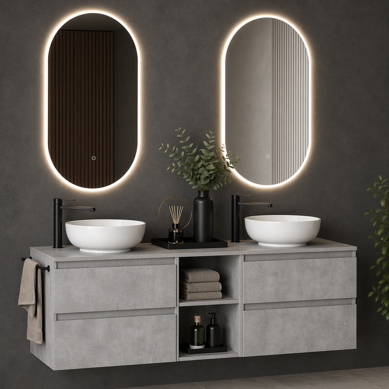 Mobile bagno sospeso Kela 150 cm con doppio lavabo a ciotola e specchi LED - Cemento Chiaro