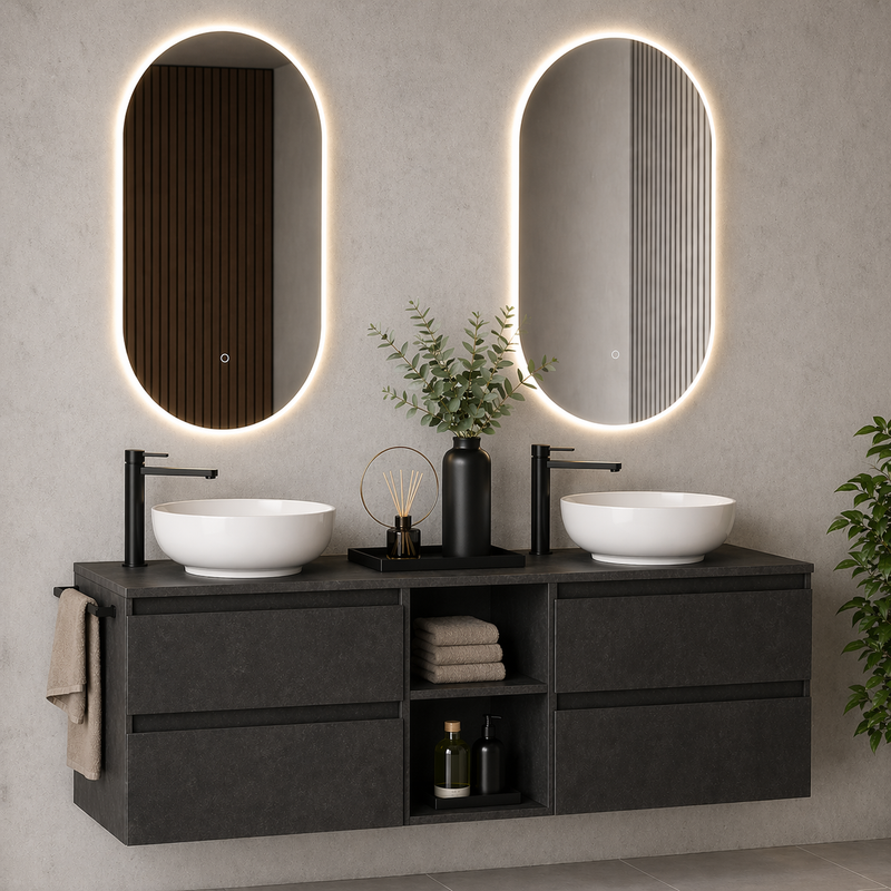 Mobile bagno sospeso Kela 150 cm con doppio lavabo a ciotola e specchi LED - Cemento Scuro