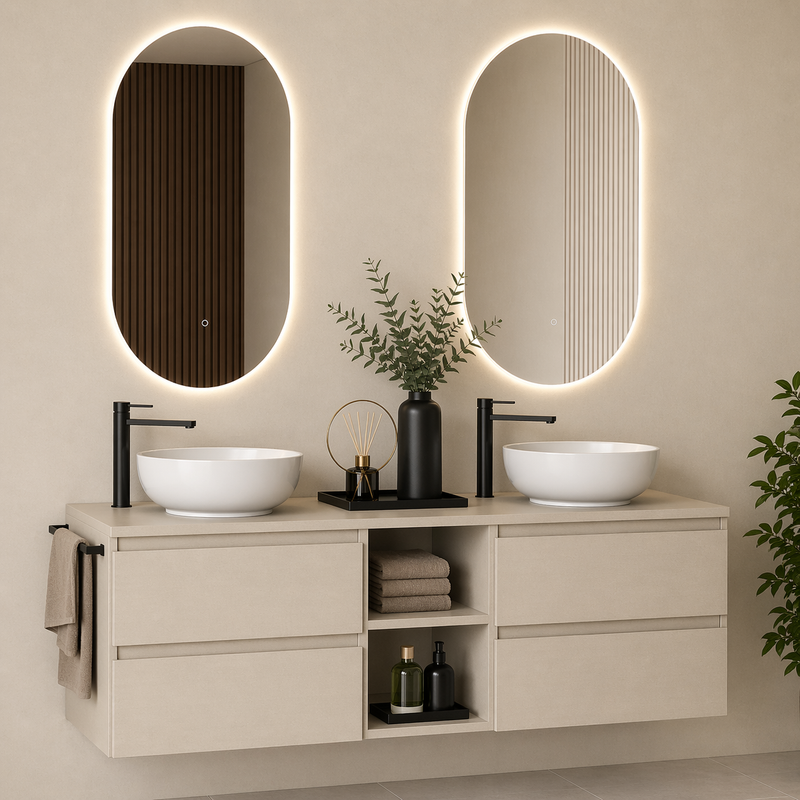 Mobile bagno sospeso Kela 150 cm con doppio lavabo a ciotola e specchi LED - Pianta di Vaniglia