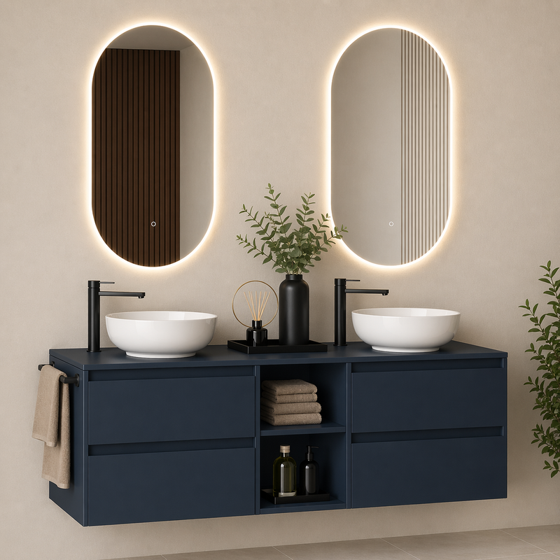 Mobile bagno sospeso Kela 150 cm con doppio lavabo a ciotola e specchi LED - Blu Capri