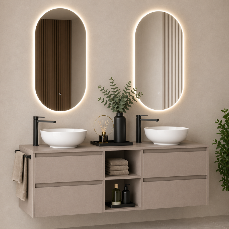 Mobile bagno sospeso Kela 150 cm con doppio lavabo a ciotola e specchi LED - Cashmere