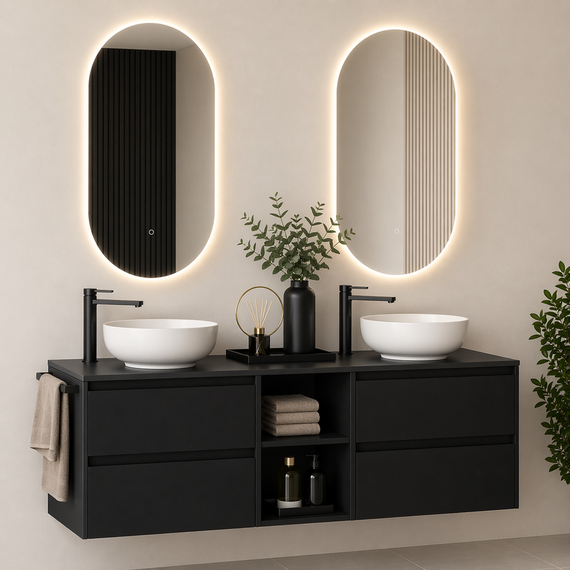 Mobile bagno sospeso Kela 150 cm con doppio lavabo a ciotola e specchi LED - Nero Sabbiato