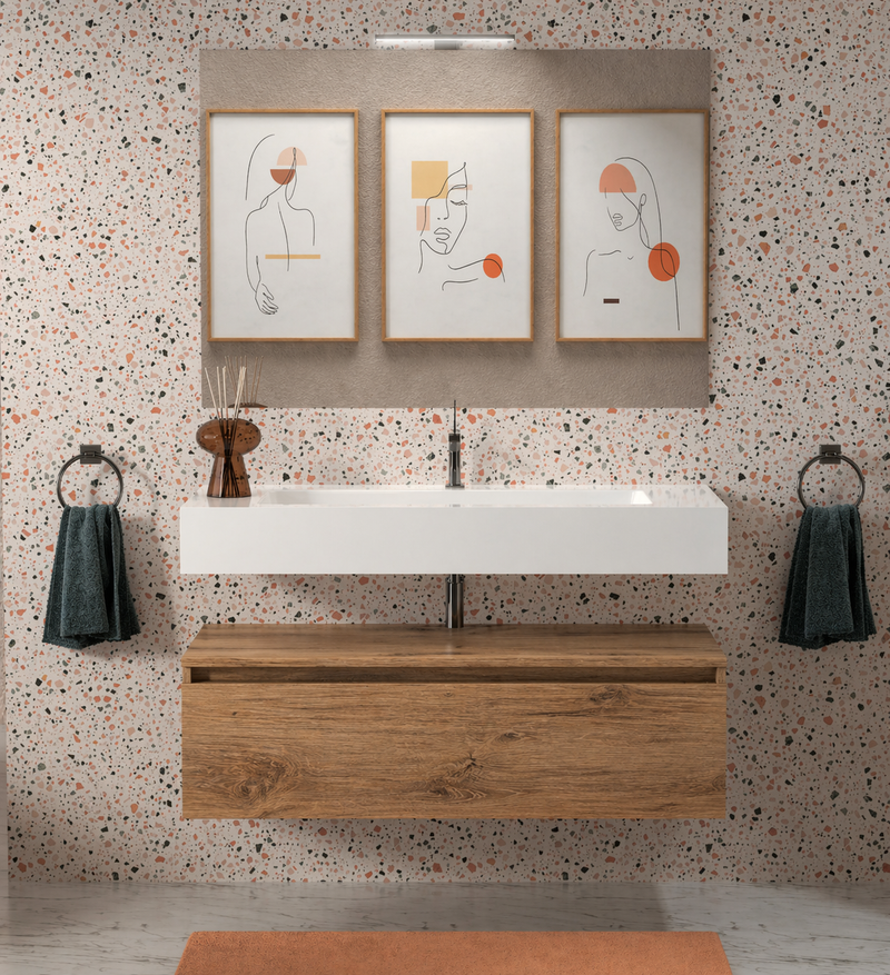 Mobile bagno sospeso Sun 100 cm con lavabo in marmoresina e specchio con lampada LED - Rovere Nodato