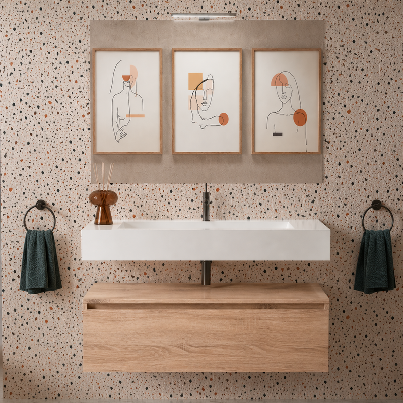 Mobile bagno sospeso Sun 100 cm con lavabo in marmoresina e specchio con lampada LED - Rovere Americano